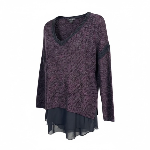 Metaphor Sweaters - Metaphor Womens V Neck Speckled Knit Chiffon Hem Sweater Top Purple Black Size S